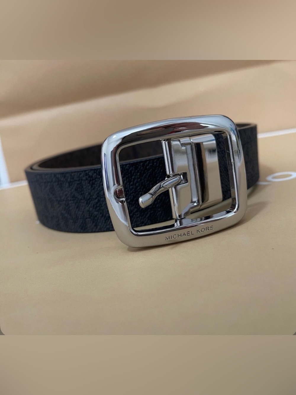 Michael Kors Black Leather Men’s Belt with Silver Logo Buckle